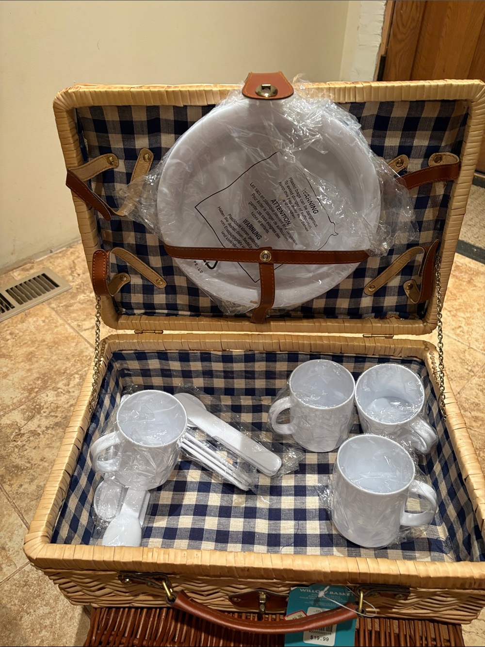 White Picnic Dinnerware Set with Wicker Basket